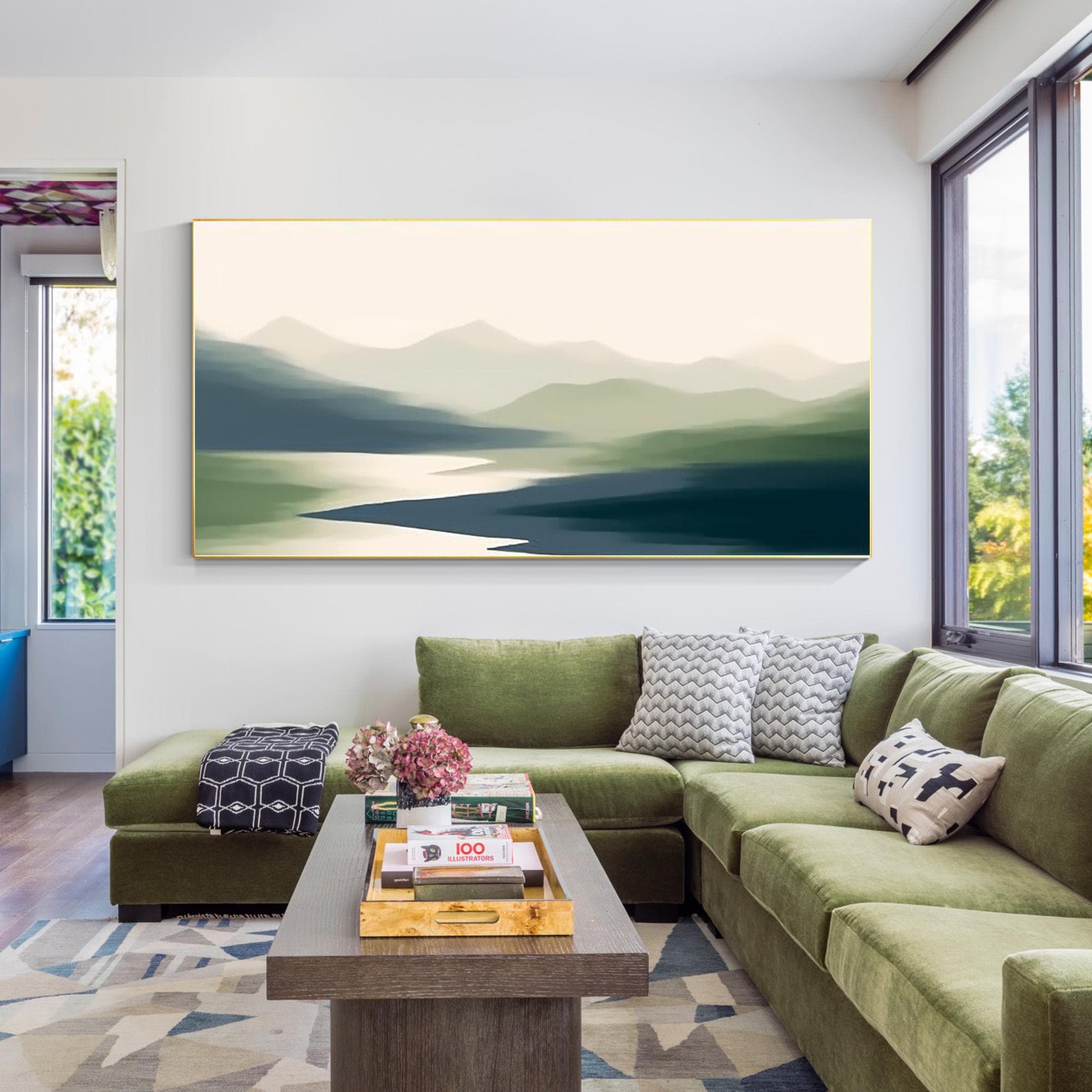 Abstract Mountain Painting: Foggy Green Landscape Canvas Art #1