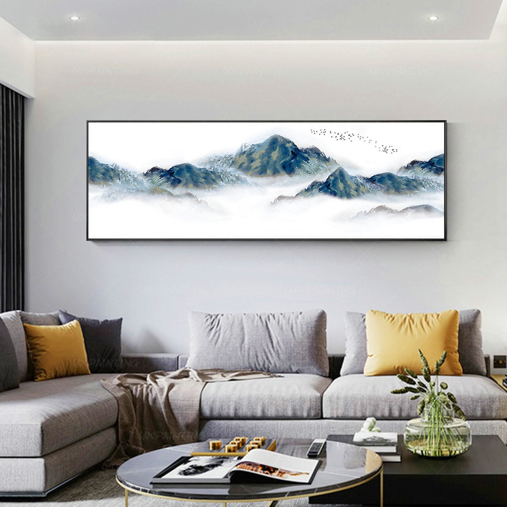 Abstract Mountain Wall art Framed Watercolor Prints landscape Foggy Cloudy Frame #2