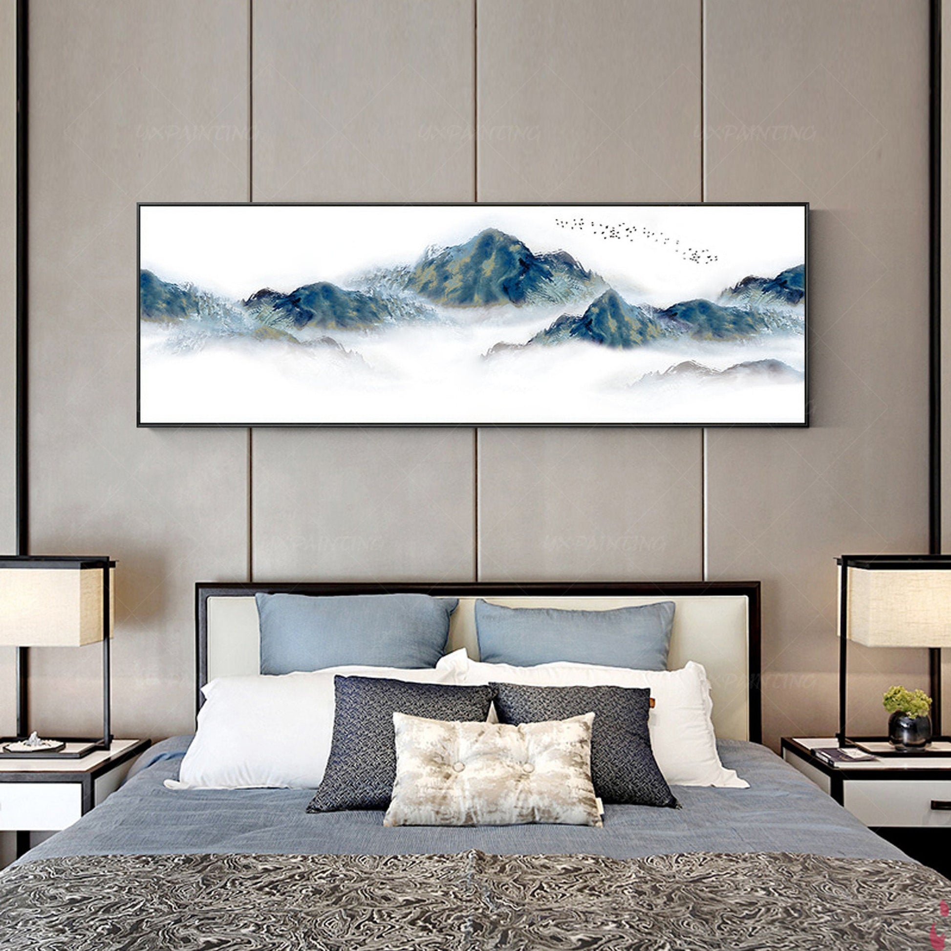 Abstract Mountain Wall art Framed Watercolor Prints landscape Foggy Cloudy Frame #3