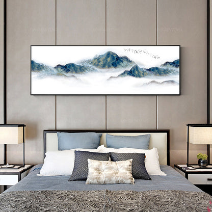 Abstract Mountain Wall art Framed Watercolor Prints landscape Foggy Cloudy Frame #3