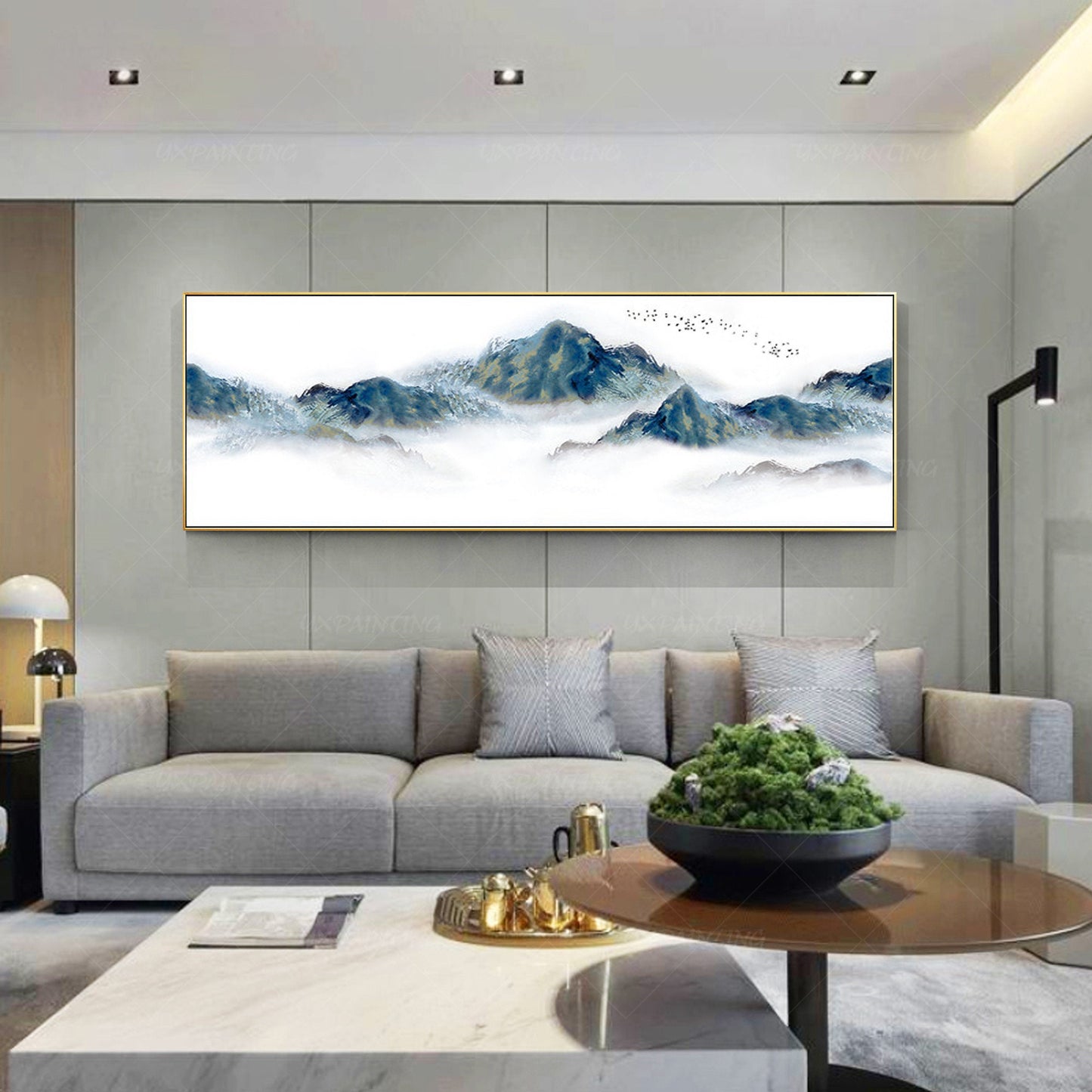 Abstract Mountain Wall art Framed Watercolor Prints landscape Foggy Cloudy Frame #4