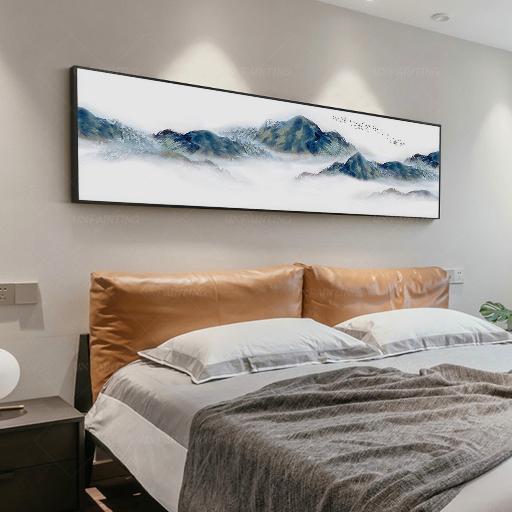 Abstract Mountain Wall art Framed Watercolor Prints landscape Foggy Cloudy Frame #5