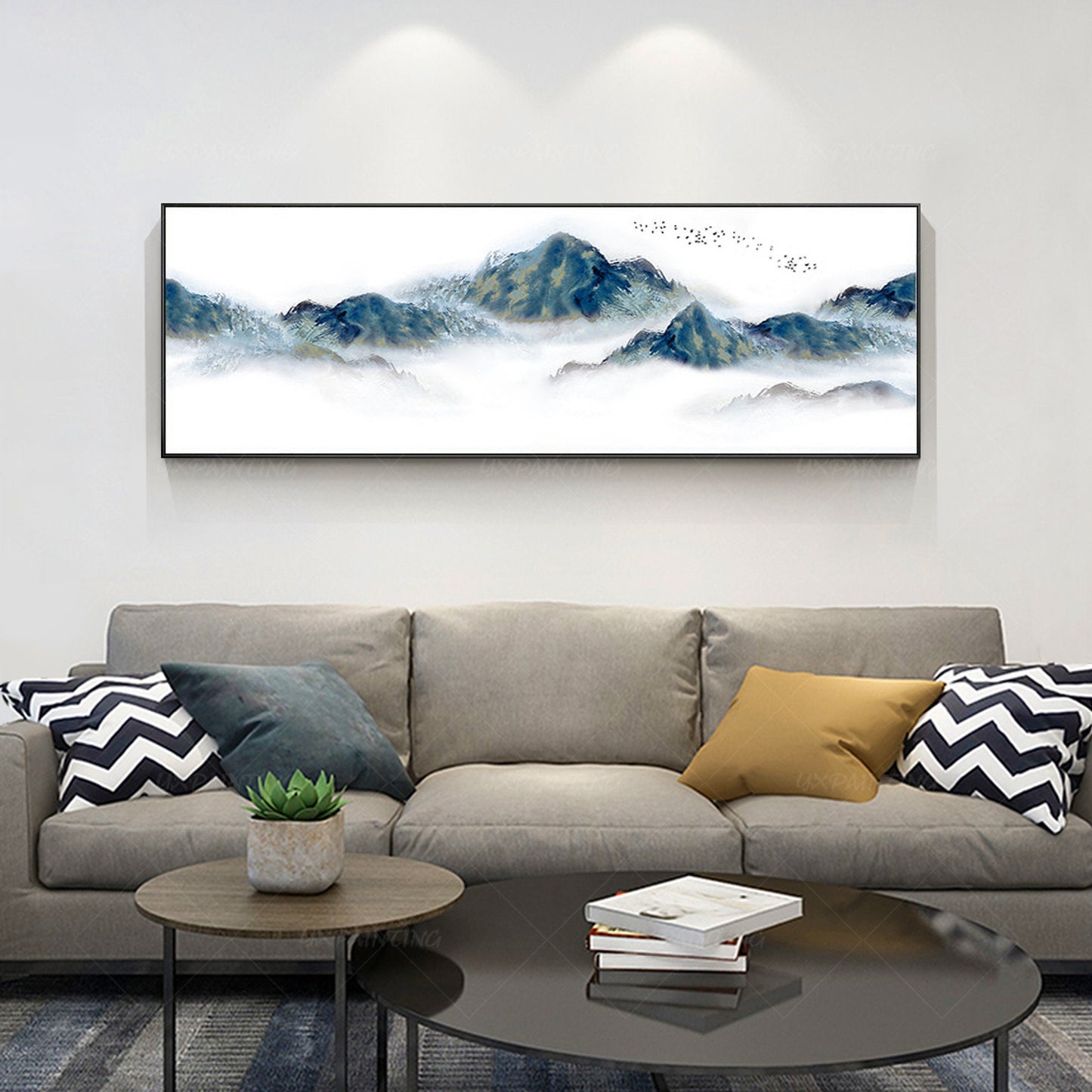 Abstract Mountain Wall art Framed Watercolor Prints landscape Foggy Cloudy Frame #1