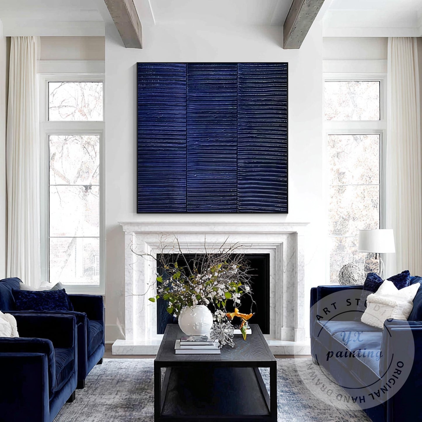 Abstract Navy Blue Textured Wall Art – Modern Minimalist Horizontal Lines Canvas #2