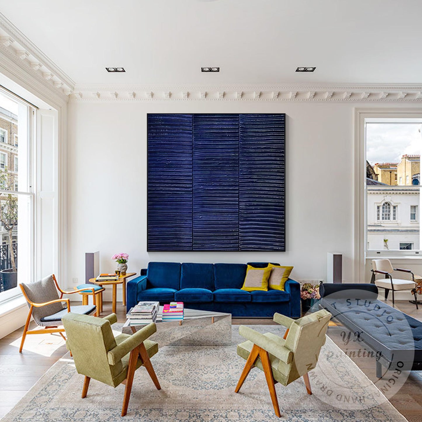 Abstract Navy Blue Textured Wall Art – Modern Minimalist Horizontal Lines Canvas #3