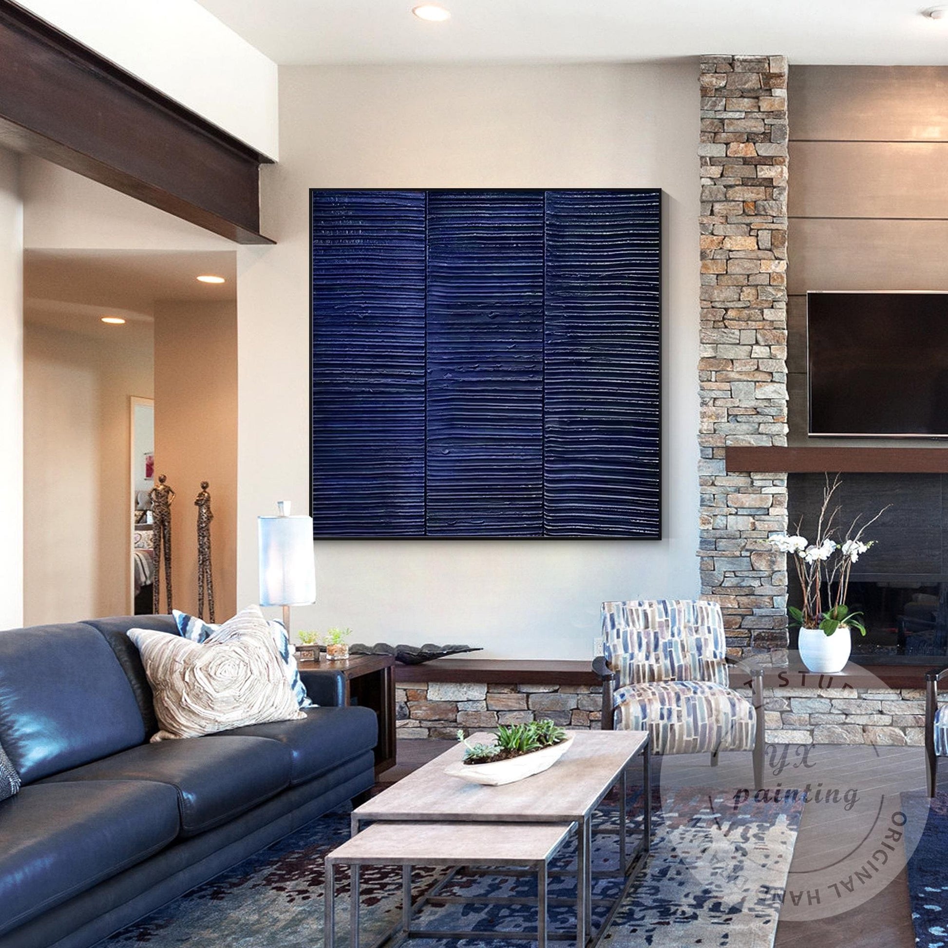 Abstract Navy Blue Textured Wall Art – Modern Minimalist Horizontal Lines Canvas #1