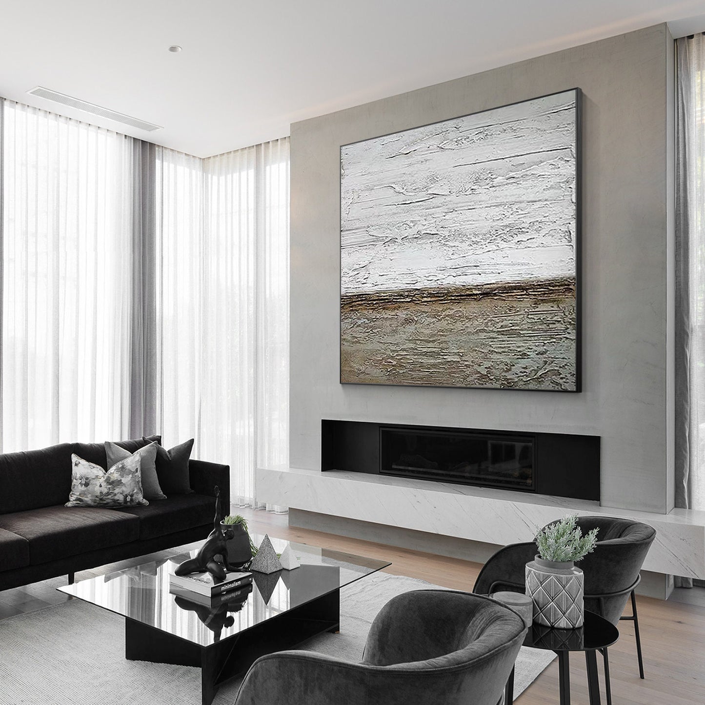 Abstract Ocean Beach Textured Painting: Square Framed Canvas Wall Art #2