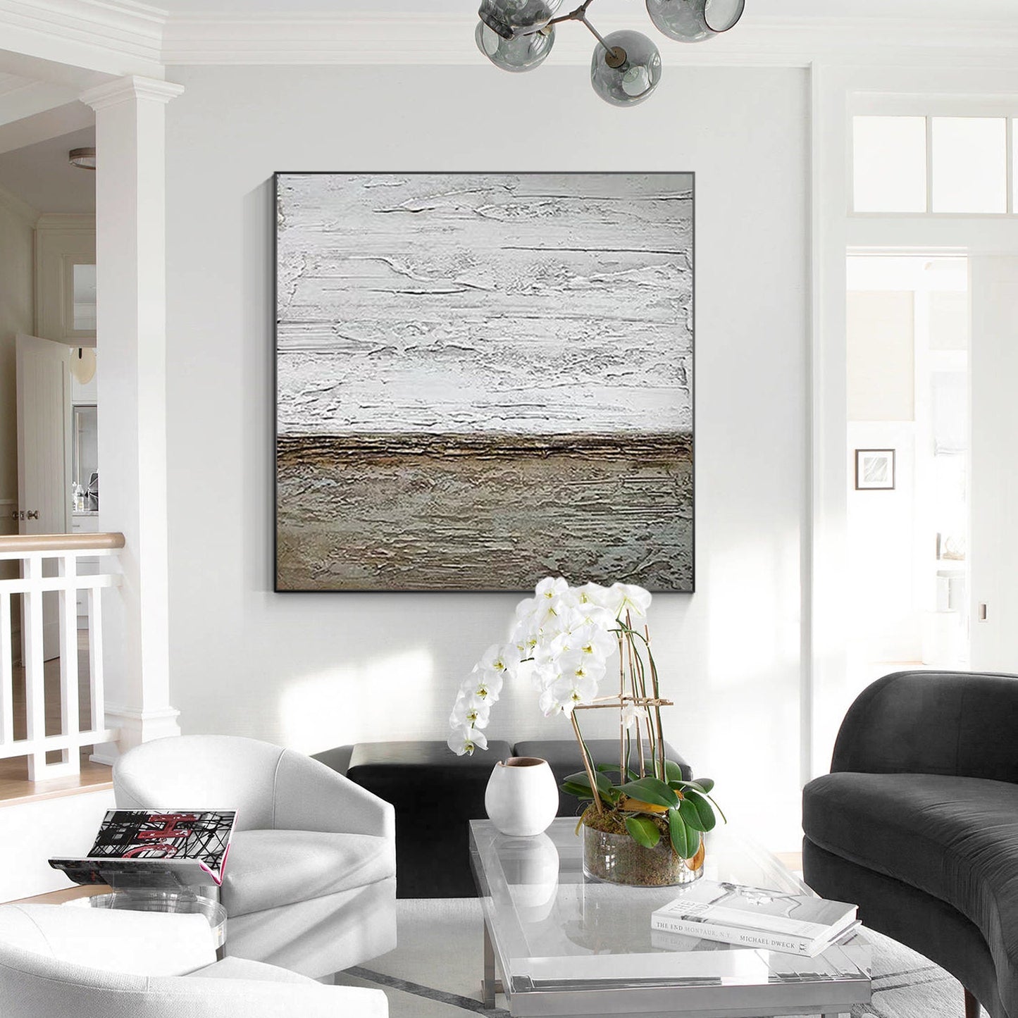 Abstract Ocean Beach Textured Painting: Square Framed Canvas Wall Art #4