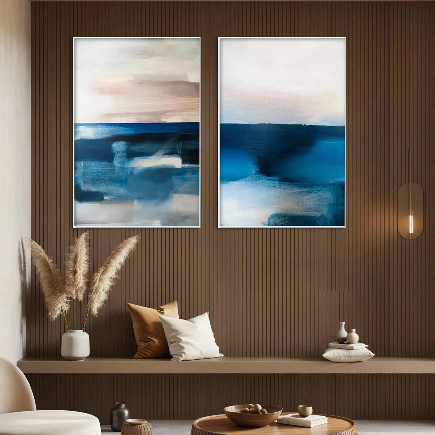 ABSTRACT OCEAN DIPTYCH: Abstract Seascape Set of 2 Vertical | gold frame stretched on neutral wall