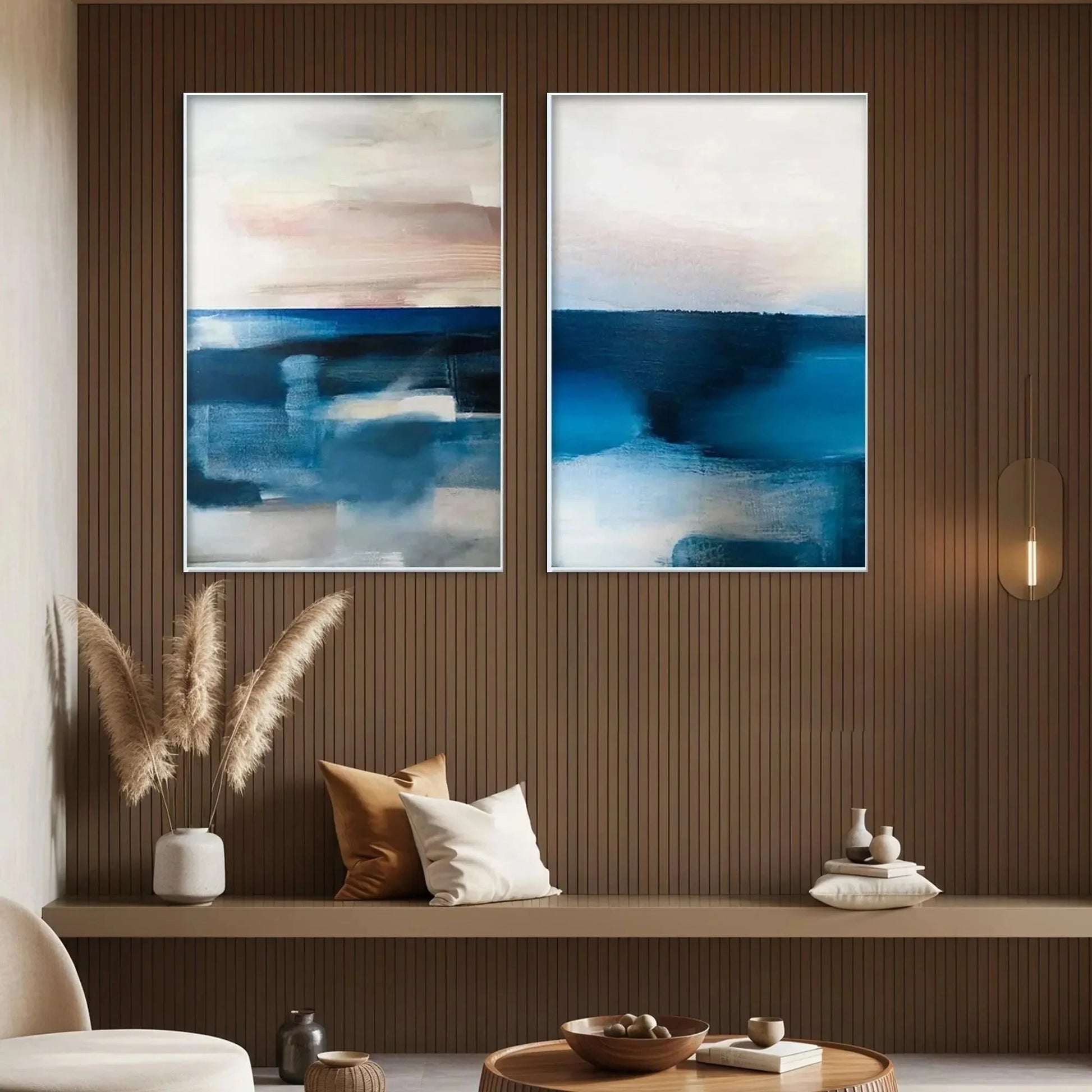 ABSTRACT OCEAN DIPTYCH: Abstract Seascape Set of 2 Vertical | gold frame stretched on neutral wall
