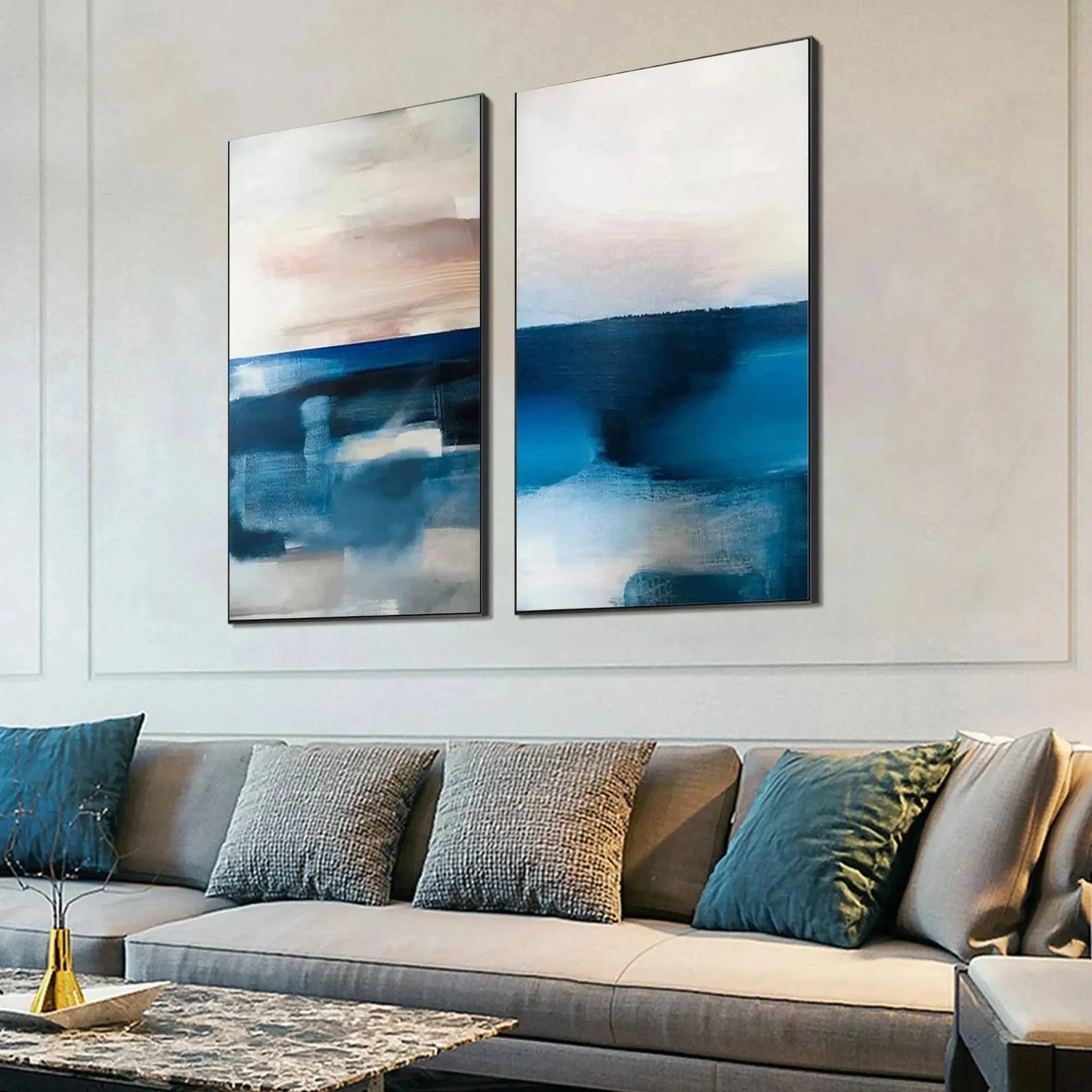 ABSTRACT OCEAN DIPTYCH: Abstract Seascape Set of 2 Vertical | black frame version on white wall