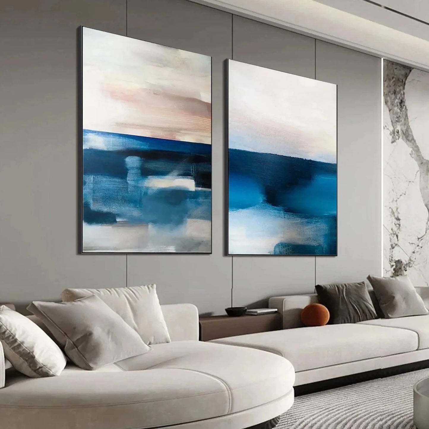 ABSTRACT OCEAN DIPTYCH: Abstract Seascape Set of 2 Vertical | blue palette, original oil on stretched canvas art