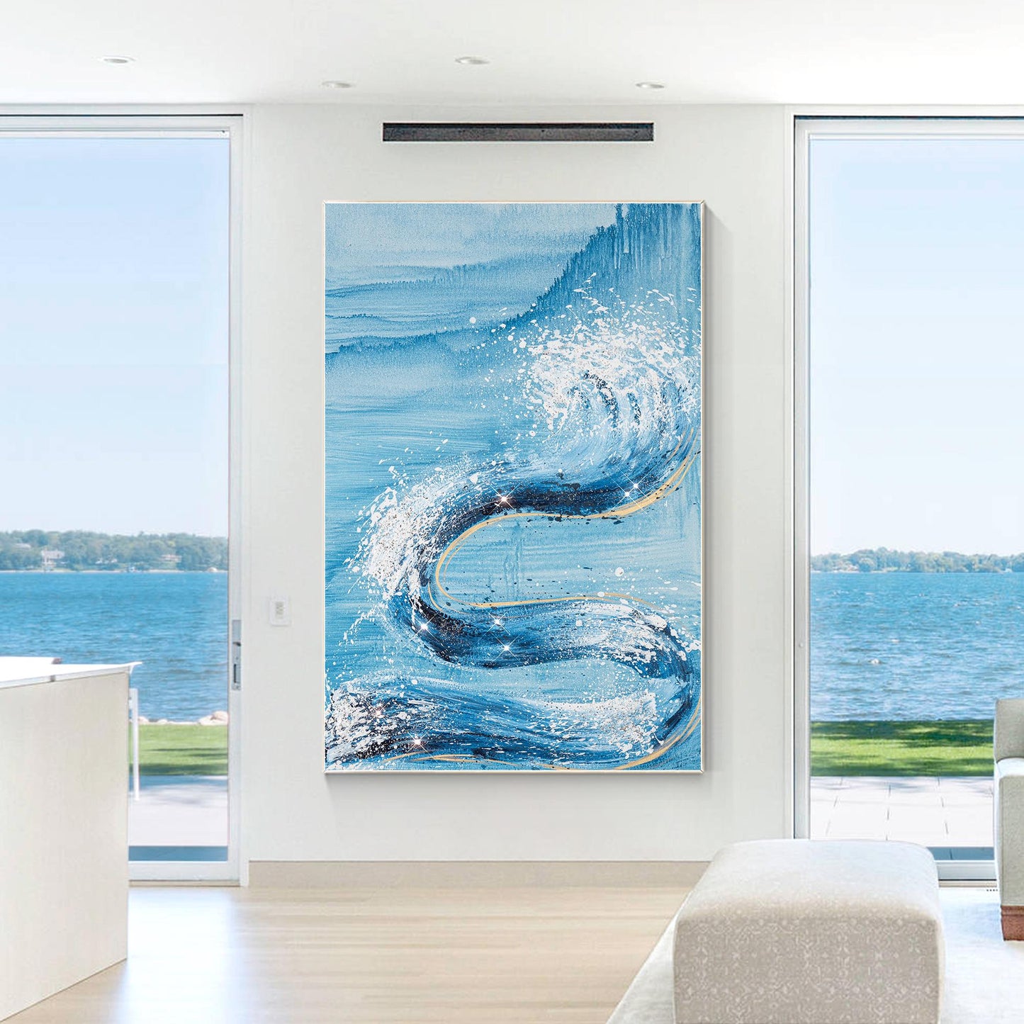 Abstract Ocean Waves Painting: Sky Blue Glitter Coastal Wall Art #2