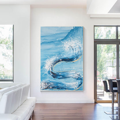 Abstract Ocean Waves Painting: Sky Blue Glitter Coastal Wall Art #3