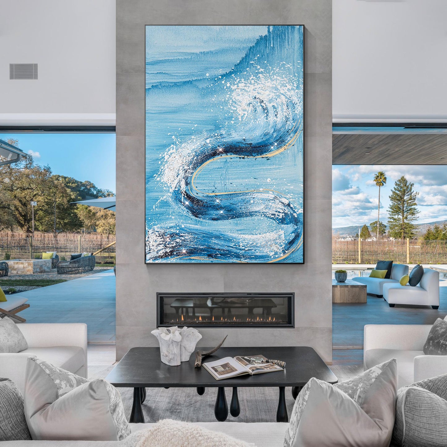 Abstract Ocean Waves Painting: Sky Blue Glitter Coastal Wall Art #4
