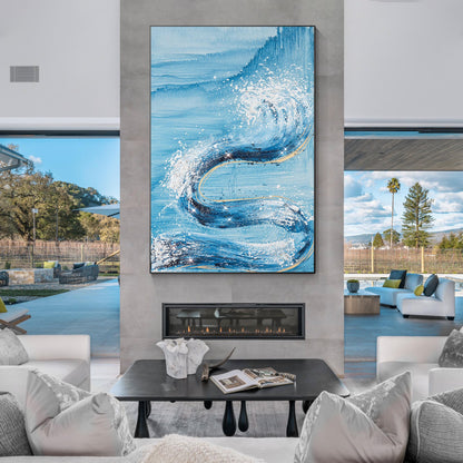 Abstract Ocean Waves Painting: Sky Blue Glitter Coastal Wall Art #4