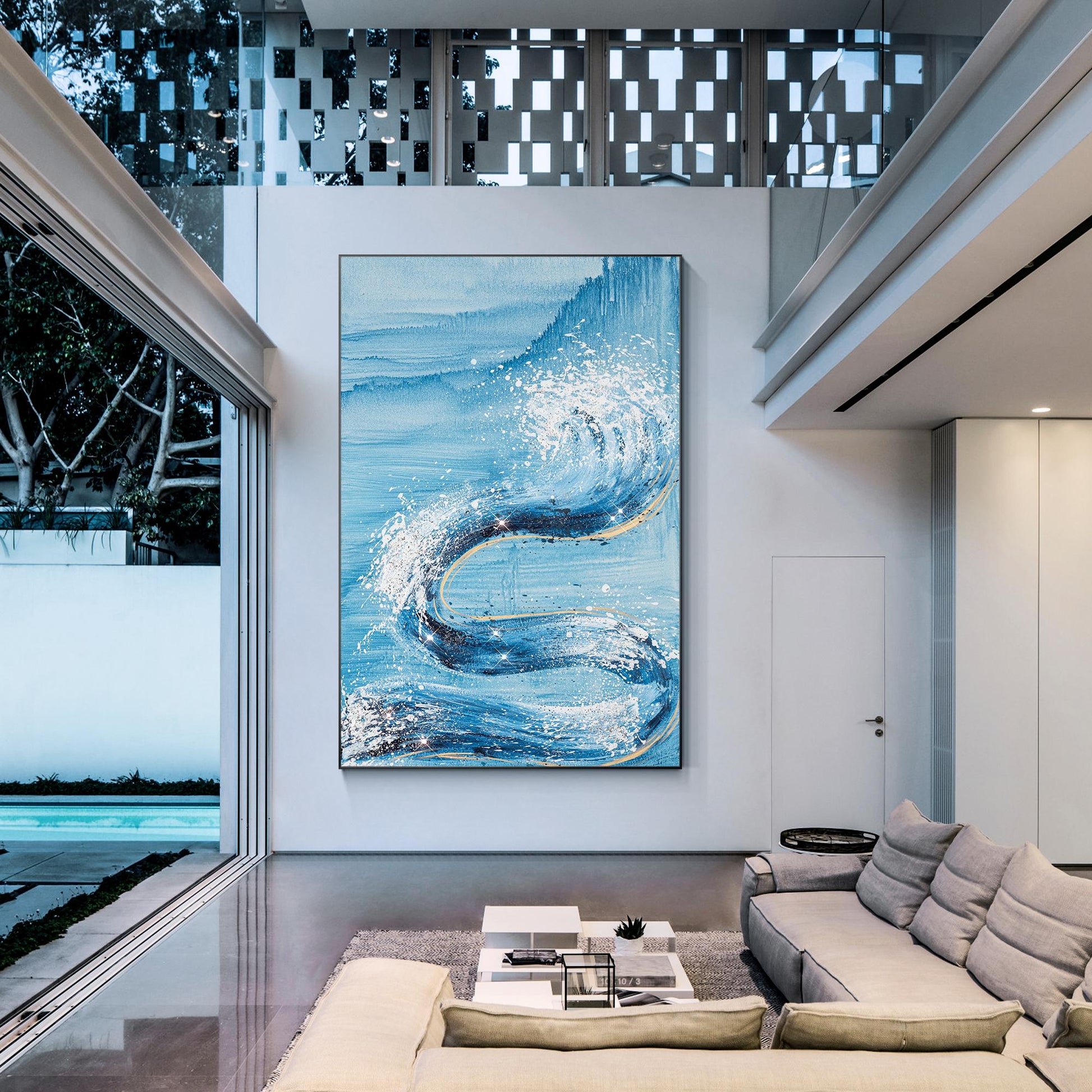 Abstract Ocean Waves Painting: Sky Blue Glitter Coastal Wall Art #5