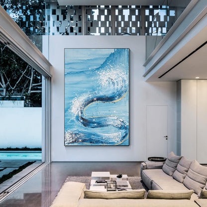 Abstract Ocean Waves Painting: Sky Blue Glitter Coastal Wall Art #5