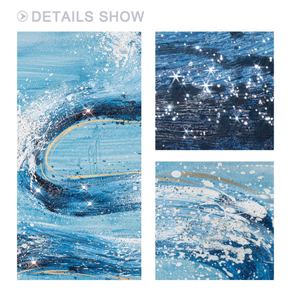 Abstract Ocean Waves Painting: Sky Blue Glitter Coastal Wall Art #6