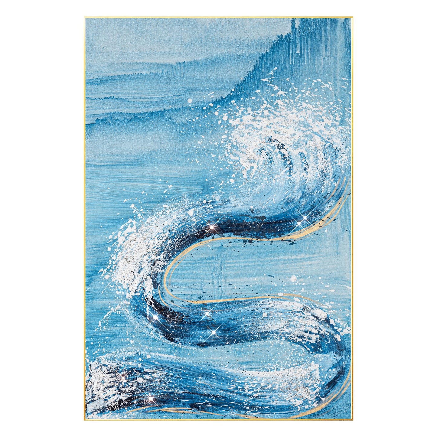 Abstract Ocean Waves Painting: Sky Blue Glitter Coastal Wall Art #8