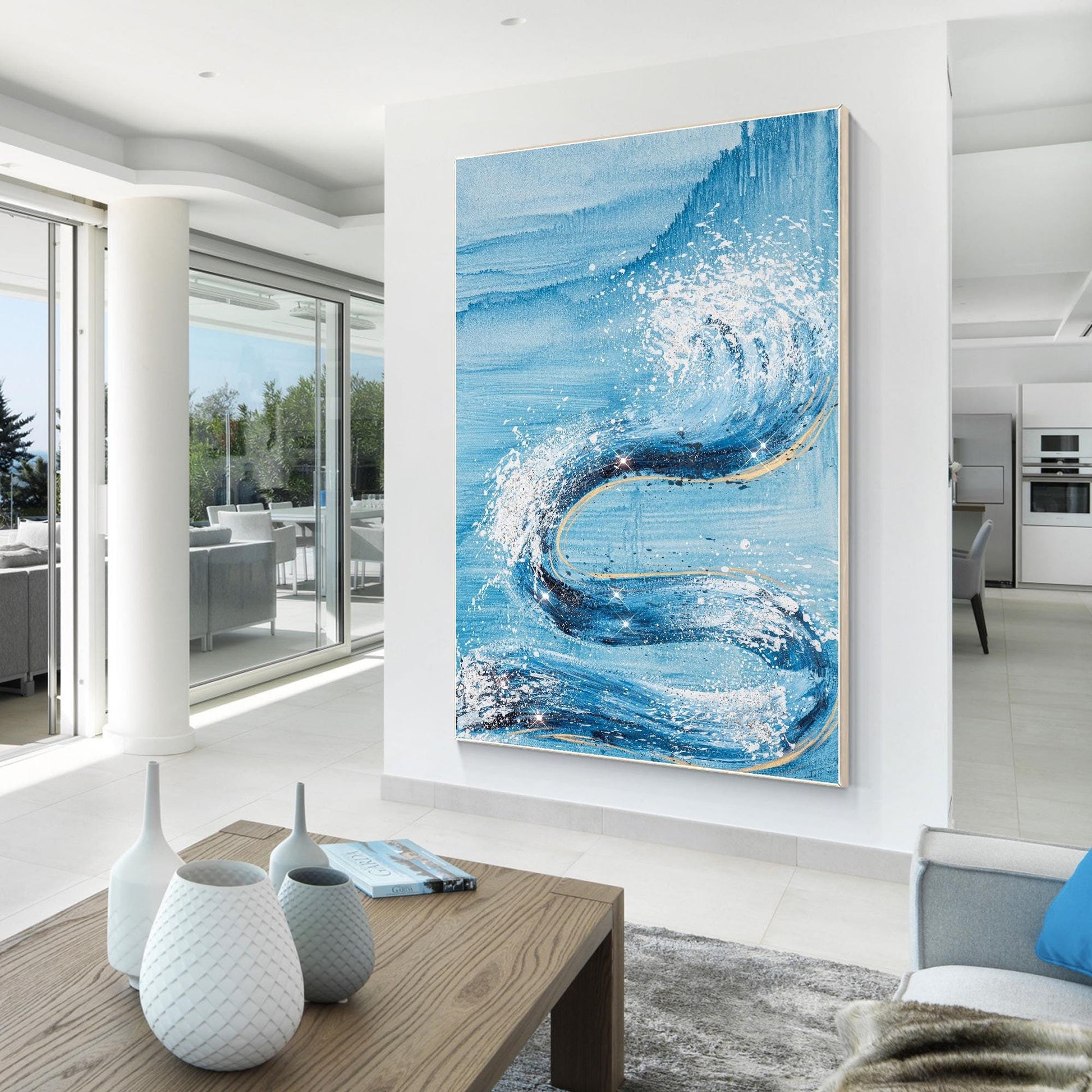 Abstract Ocean Waves Painting: Sky Blue Glitter Coastal Wall Art #1