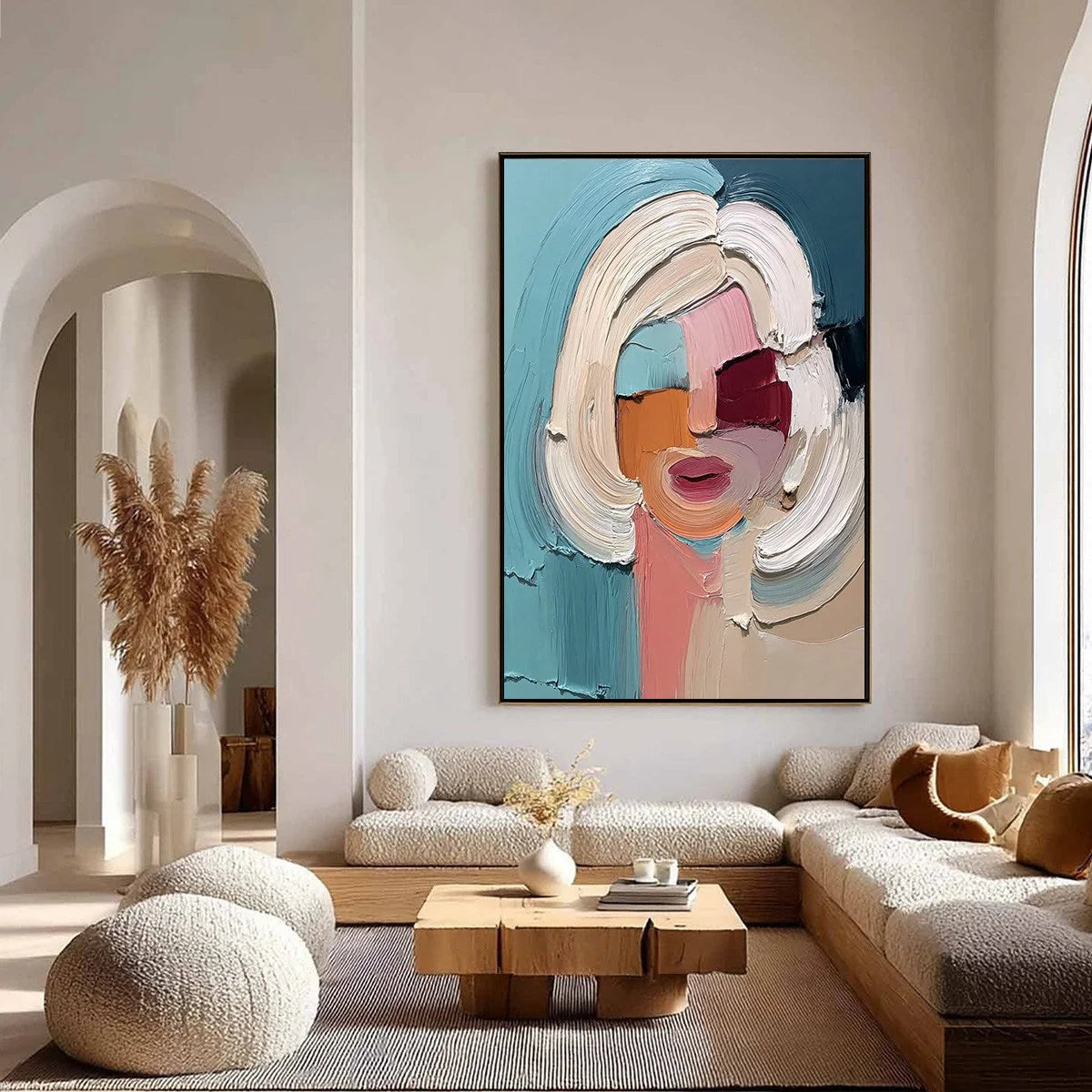THE GAZE: Textured Abstract Portrait Palette Knife | gold frame stretched on neutral wall