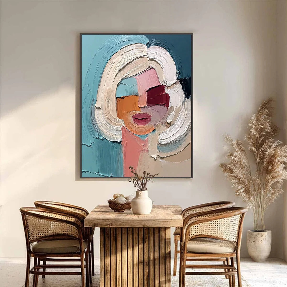 THE GAZE: Textured Abstract Portrait Palette Knife | black frame version on white wall