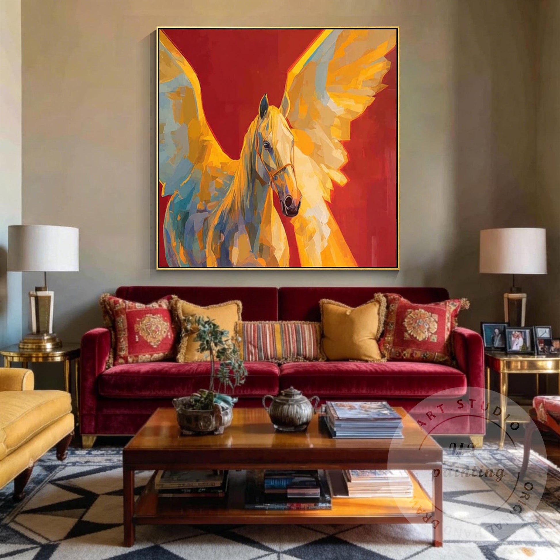 Abstract Pegasus Painting Hand Painted Canvas Art, Golden Wing Horse Wall Art, M #2