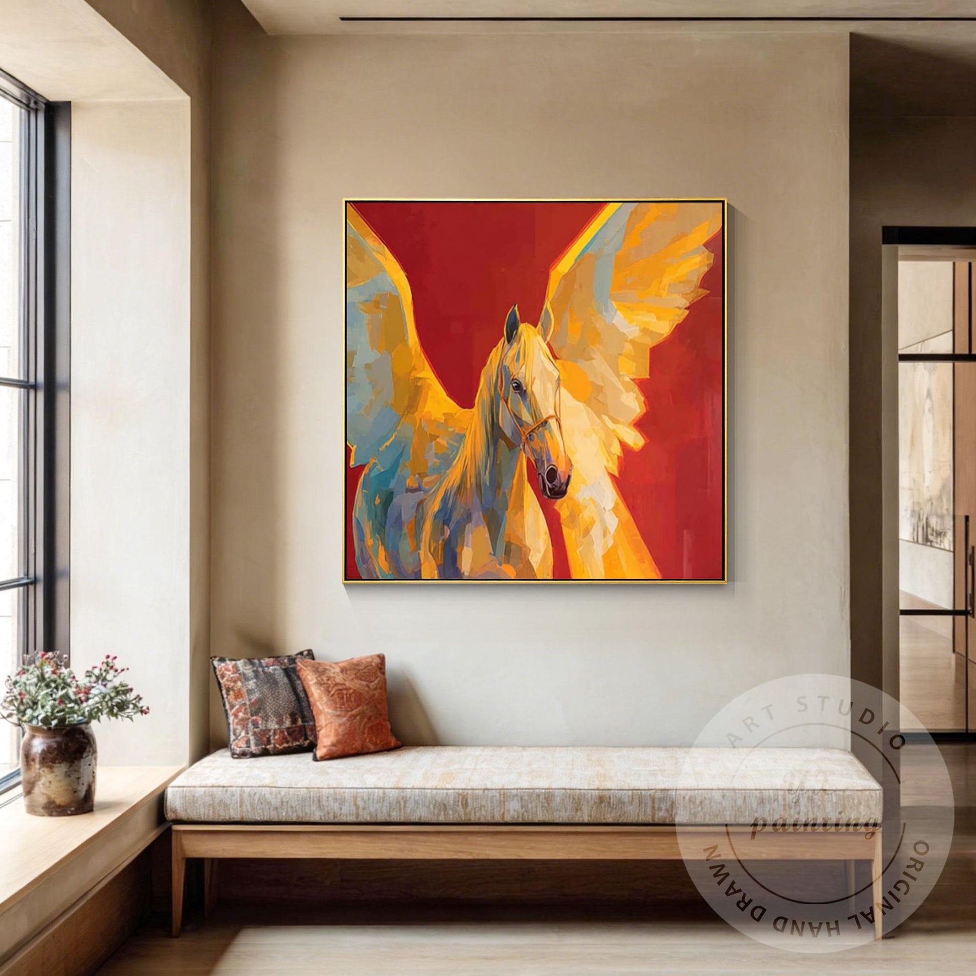Abstract Pegasus Painting Hand Painted Canvas Art, Golden Wing Horse Wall Art, M #3