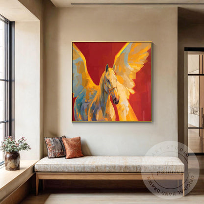 Abstract Pegasus Painting Hand Painted Canvas Art, Golden Wing Horse Wall Art, M #3