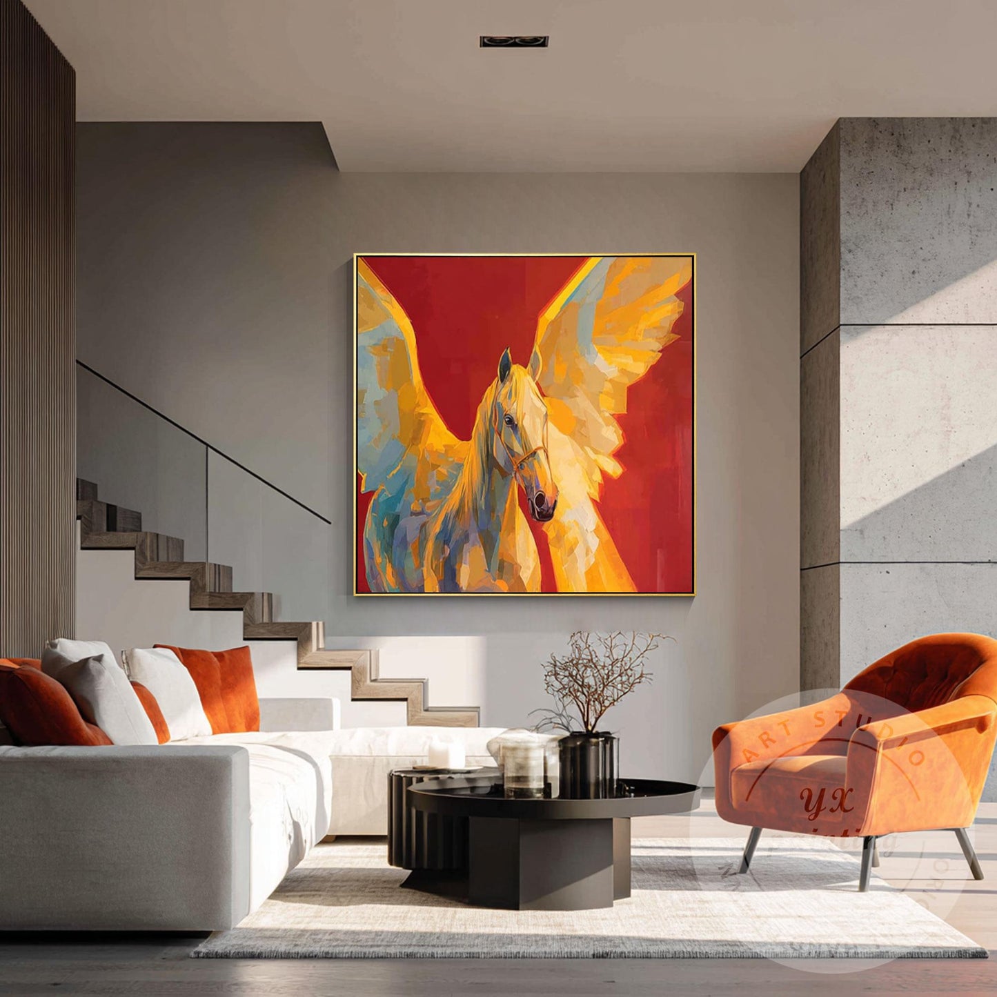 Abstract Pegasus Painting Hand Painted Canvas Art, Golden Wing Horse Wall Art, M #4