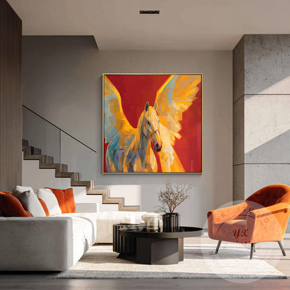 Abstract Pegasus Painting Hand Painted Canvas Art, Golden Wing Horse Wall Art, M #4