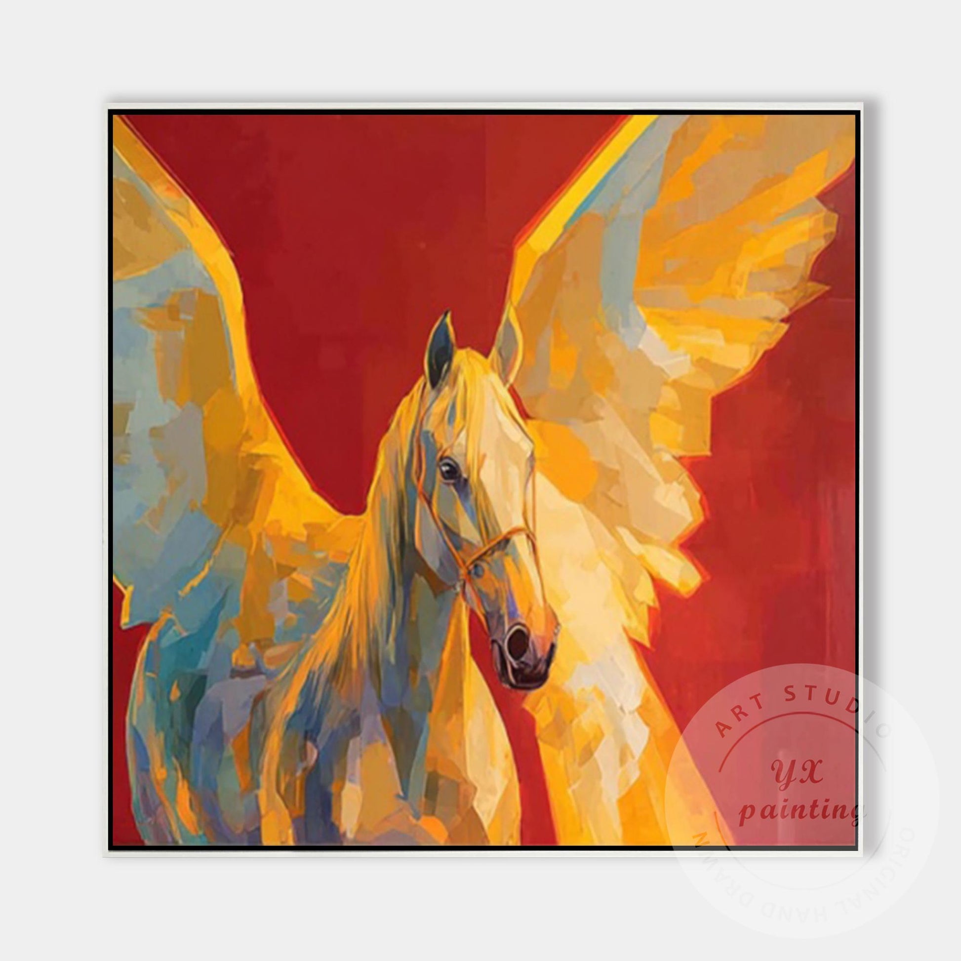 Abstract Pegasus Painting Hand Painted Canvas Art, Golden Wing Horse Wall Art, M #6