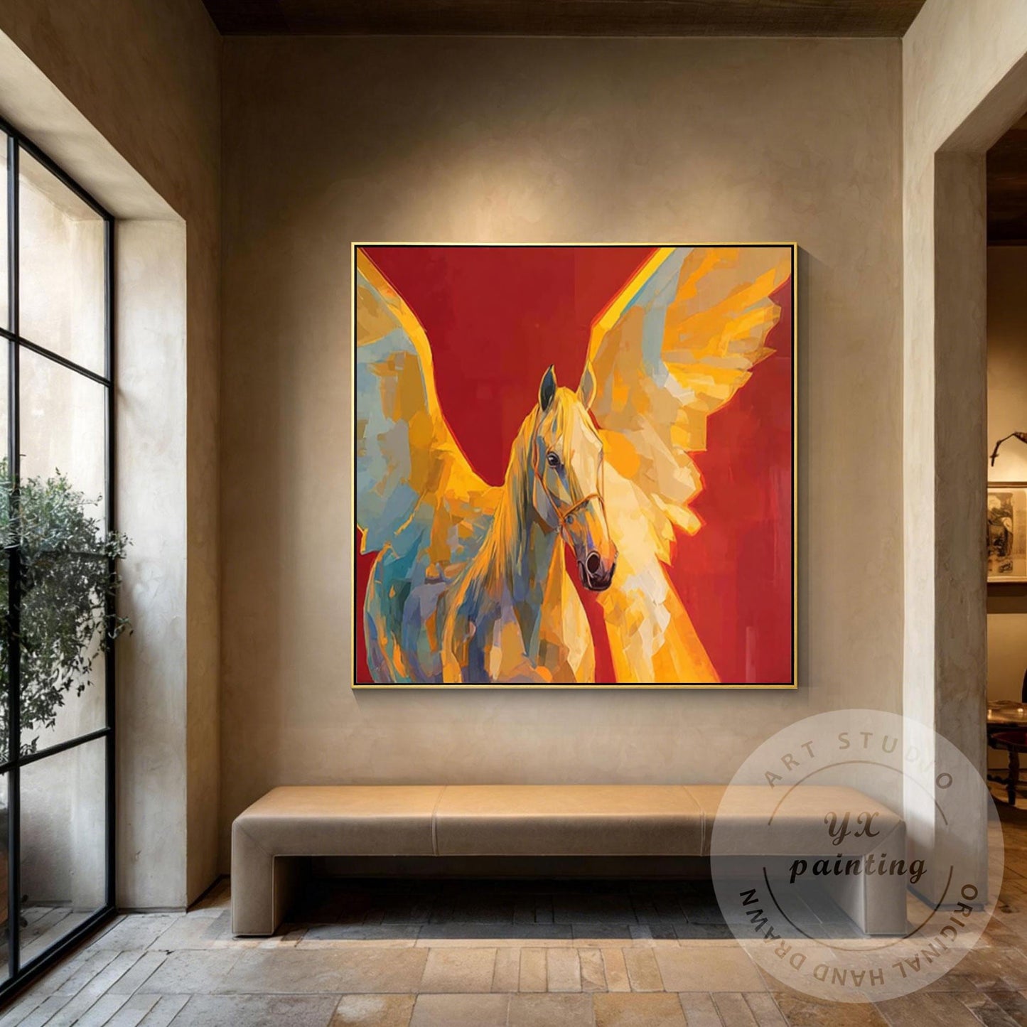 Abstract Pegasus Painting Hand Painted Canvas Art, Golden Wing Horse Wall Art, M #1