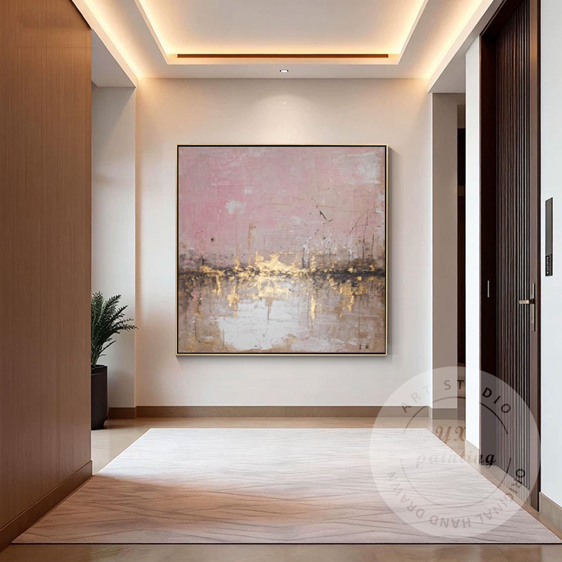 Abstract Pink City Skyline Wall Art, Gold Textured Cityscape Painting, Modern Bl #2