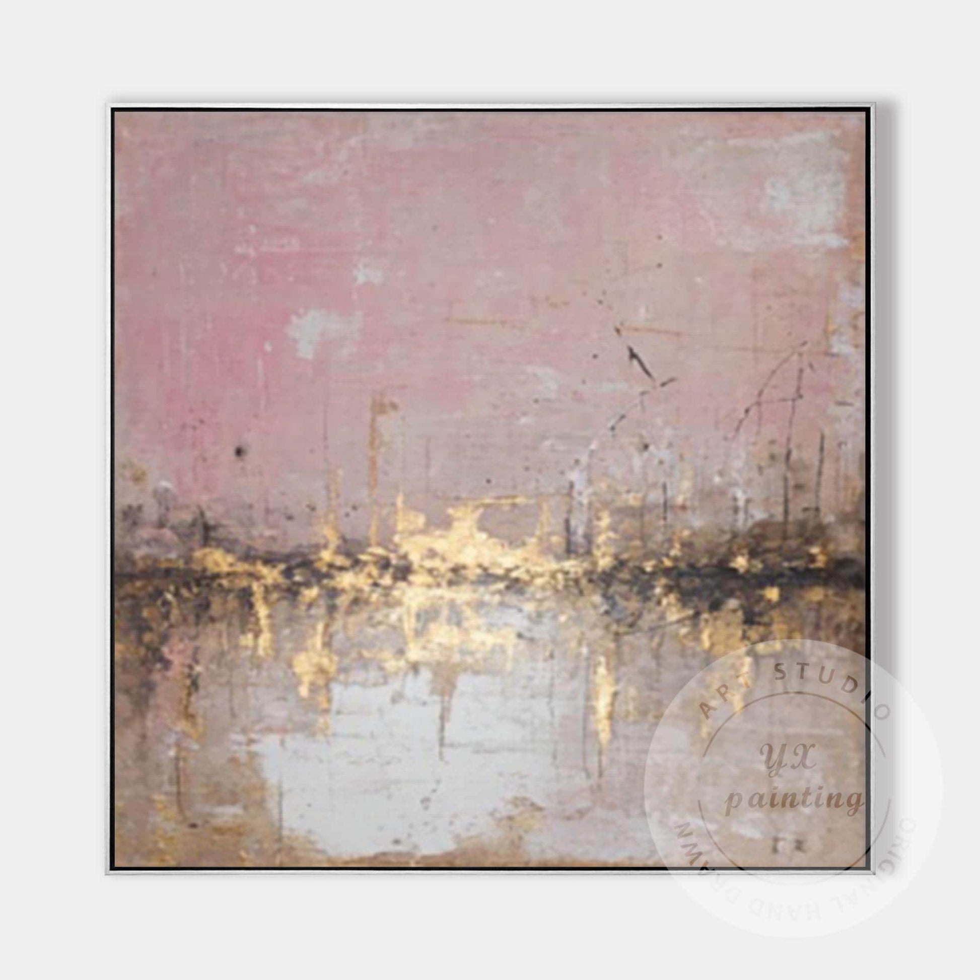 Abstract Pink City Skyline Wall Art, Gold Textured Cityscape Painting, Modern Bl #11