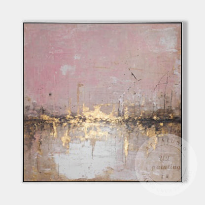 Abstract Pink City Skyline Wall Art, Gold Textured Cityscape Painting, Modern Bl #11
