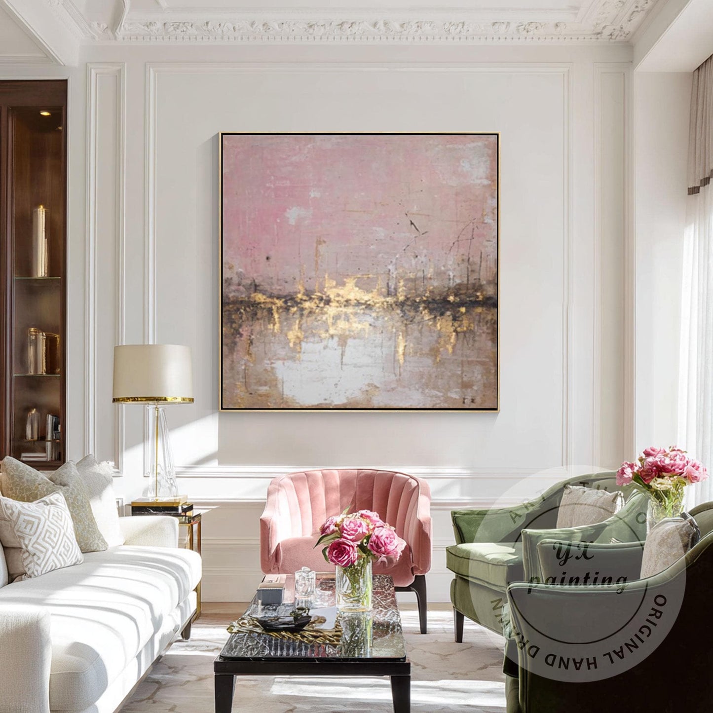 Abstract Pink City Skyline Wall Art, Gold Textured Cityscape Painting, Modern Bl #3