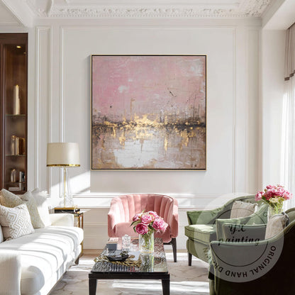 Abstract Pink City Skyline Wall Art, Gold Textured Cityscape Painting, Modern Bl #3