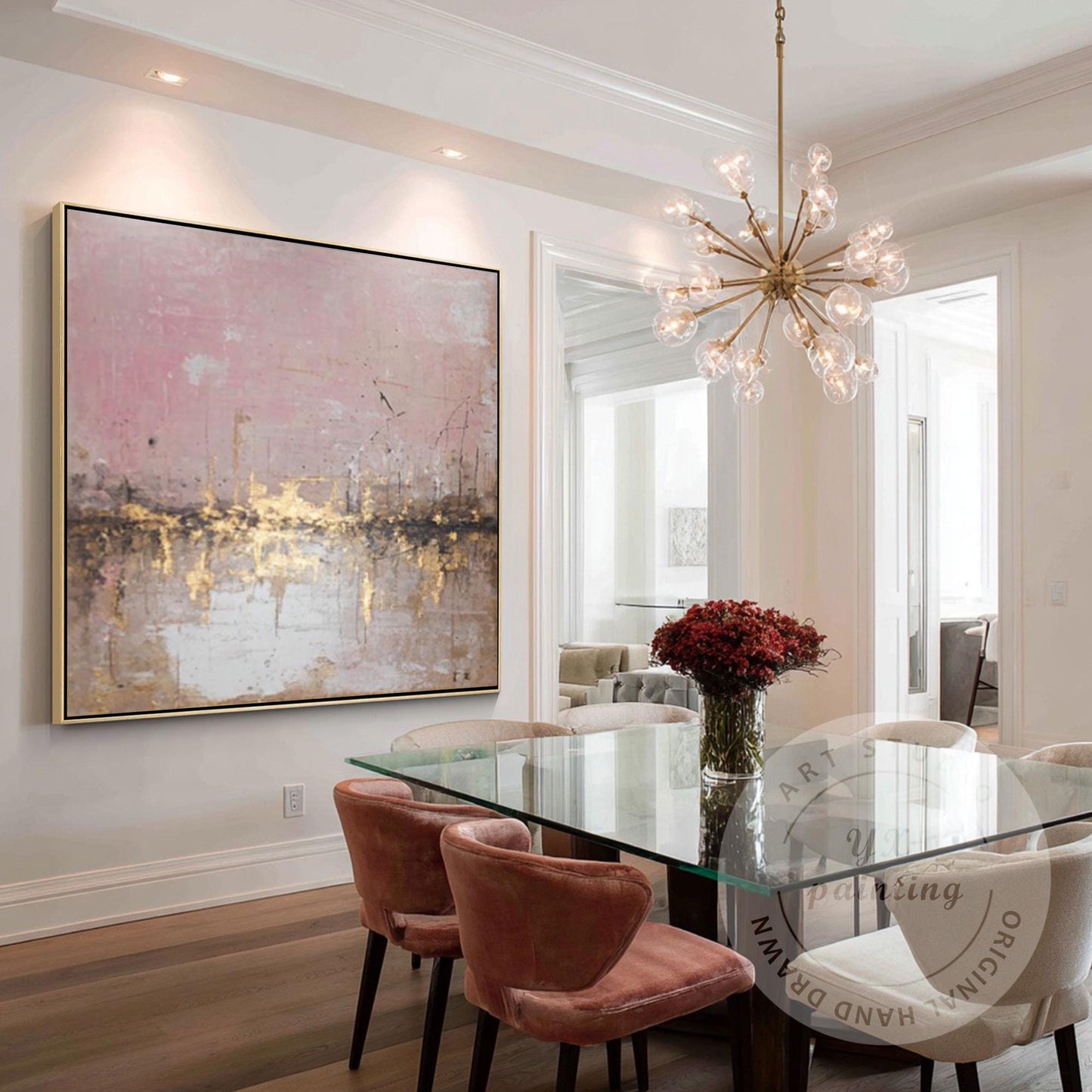 Abstract Pink City Skyline Wall Art, Gold Textured Cityscape Painting, Modern Bl #4