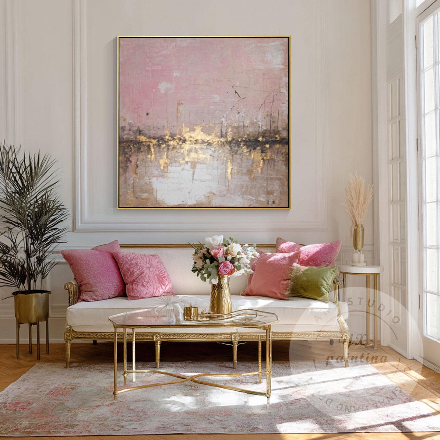 Abstract Pink City Skyline Wall Art, Gold Textured Cityscape Painting, Modern Bl #5
