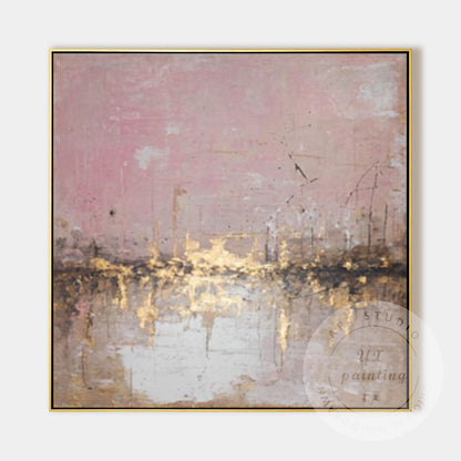 Abstract Pink City Skyline Wall Art, Gold Textured Cityscape Painting, Modern Bl #9