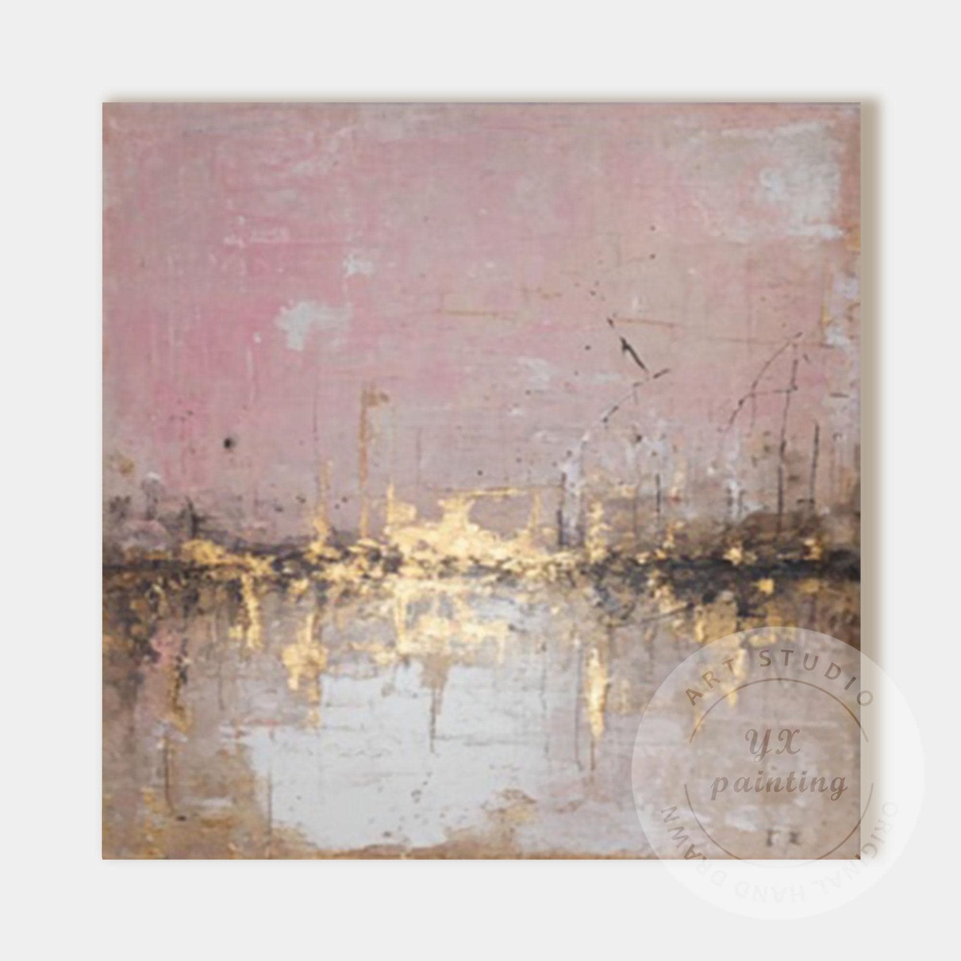 Abstract Pink City Skyline Wall Art, Gold Textured Cityscape Painting, Modern Bl #10