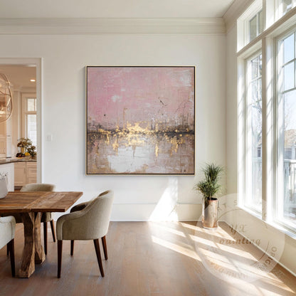Abstract Pink City Skyline Wall Art, Gold Textured Cityscape Painting, Modern Bl #1