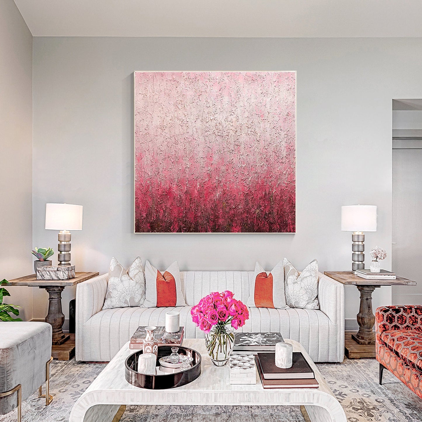 Abstract Pink Texture Painting on Canvas: Square Framed Wall Art #3