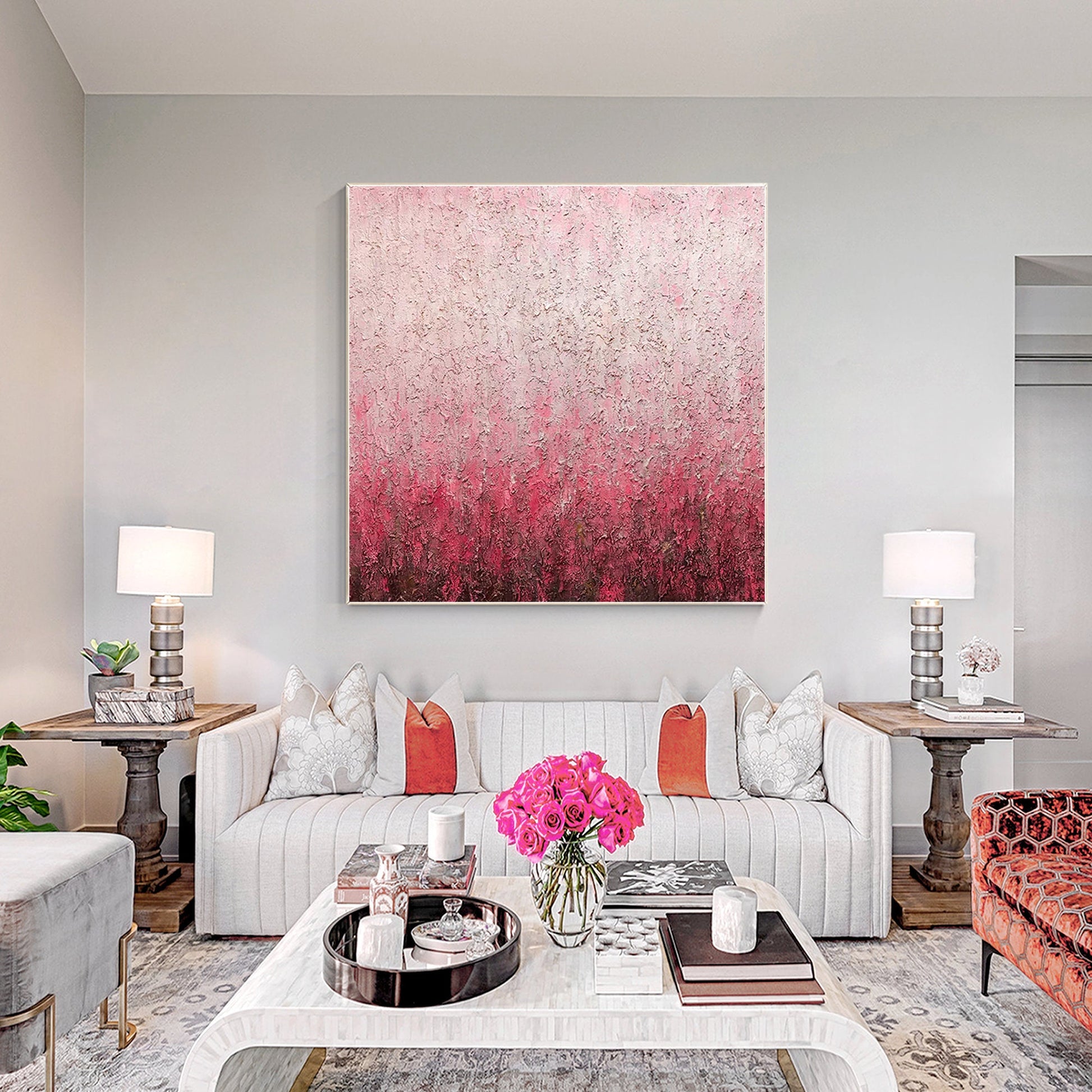 Abstract Pink Texture Painting on Canvas: Square Framed Wall Art #3