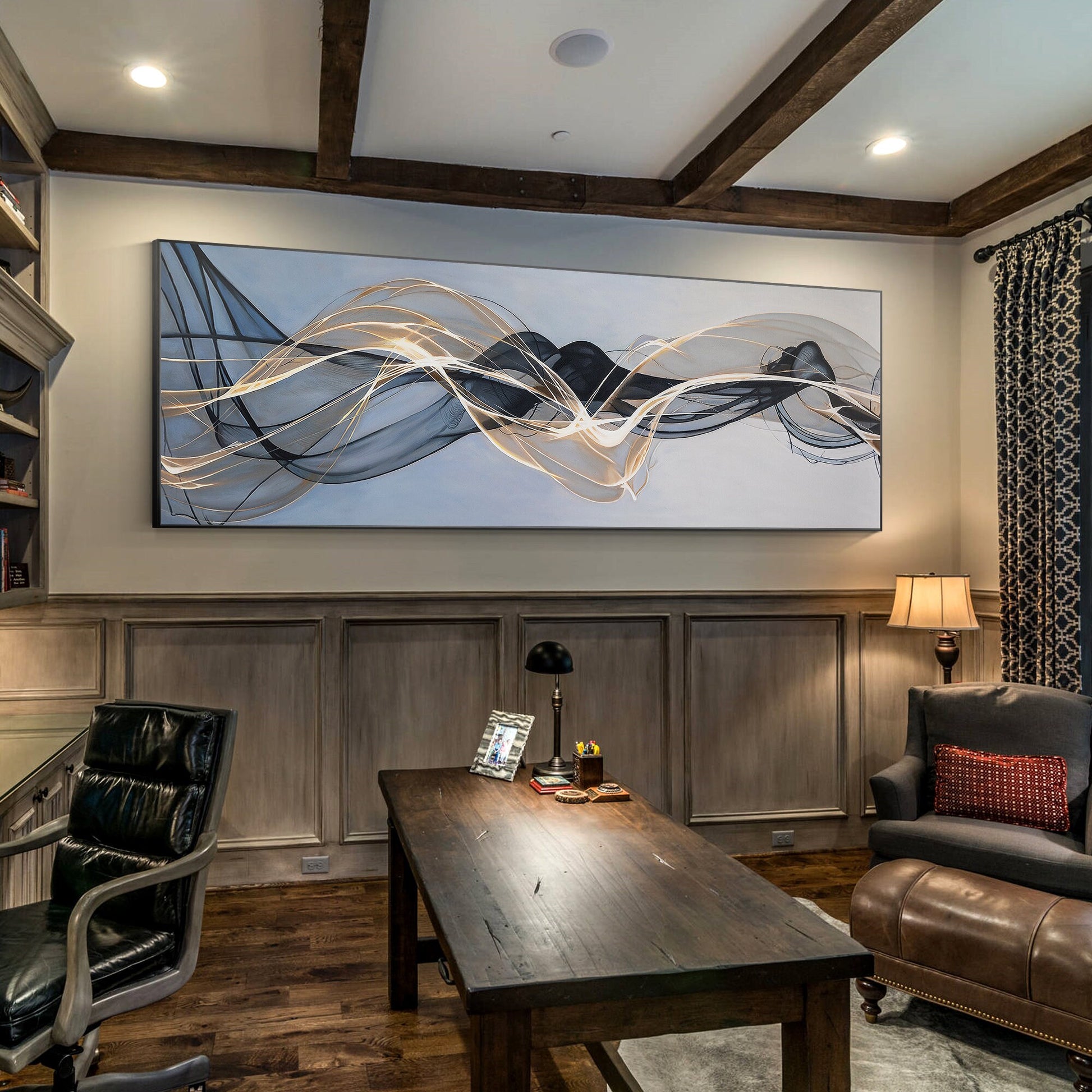 Abstract Ribbon Painting: Gray Gold Black Canvas Wall Art #3