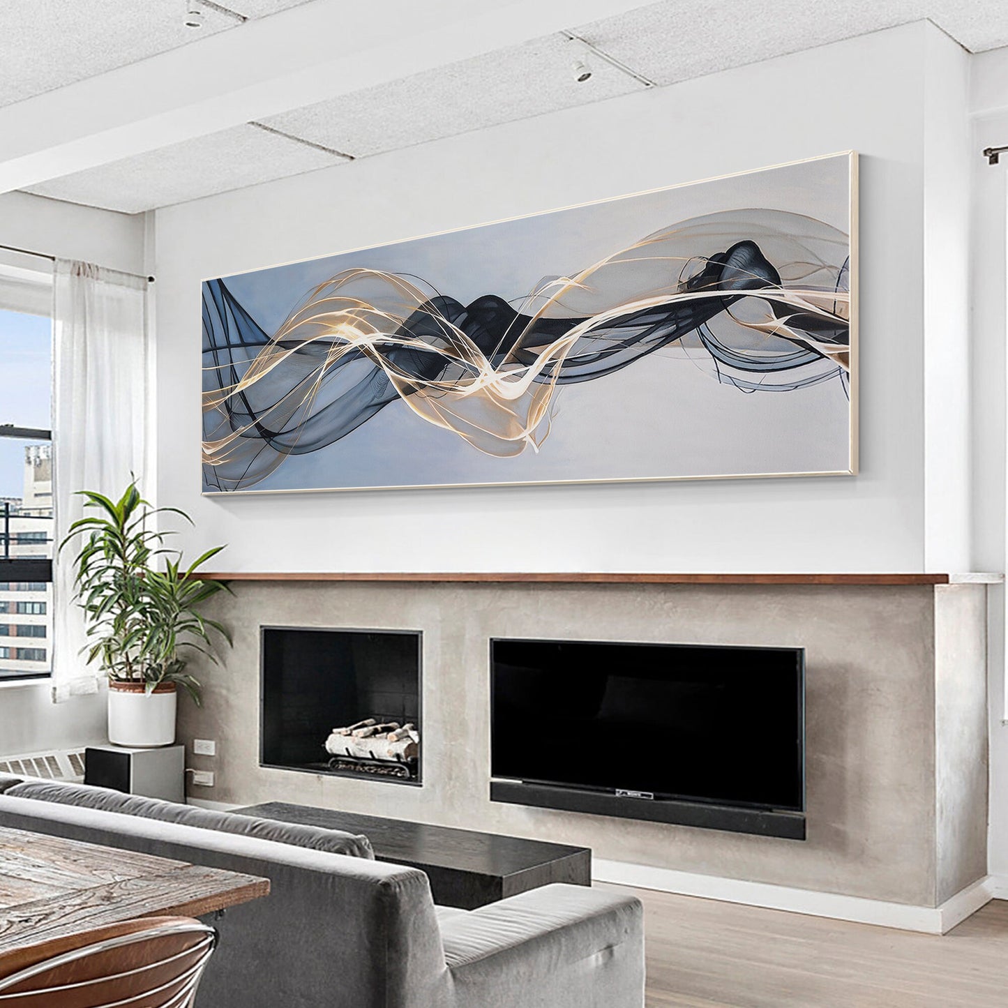 Abstract Ribbon Painting: Gray Gold Black Canvas Wall Art #4
