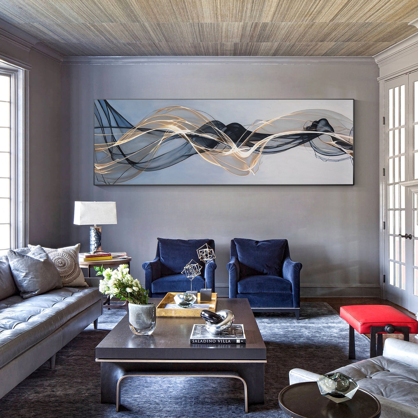 Abstract Ribbon Painting: Gray Gold Black Canvas Wall Art #5