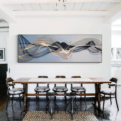 Abstract Ribbon Painting: Gray Gold Black Canvas Wall Art #1